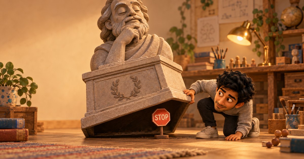 Animated Karan crouches beside a tilted stone bust, lifting its pedestal to reveal a small STOP sign underneath.