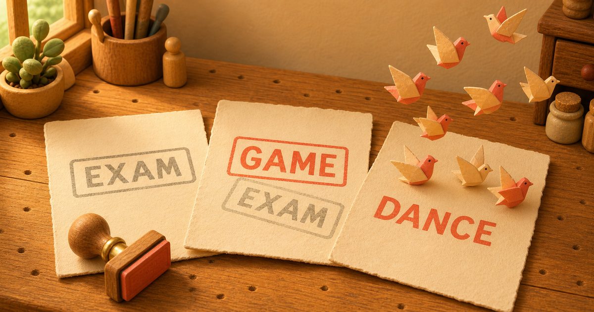 A warm miniature bench by a window holding three sheets of cream paper: EXAM stamped inside a grey box, GAME stamped inside a coral box over a faded EXAM showing through, and DANCE with no box at all, with small folded paper birds standing on that sheet and lifting off it.