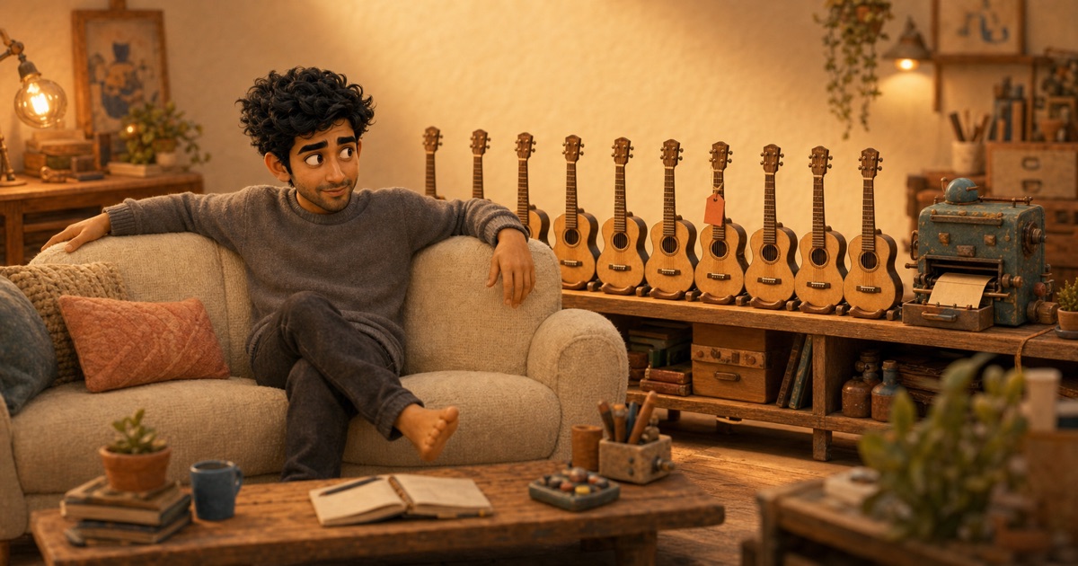 A warm 3D miniature studio where a man sits sunk back on a cream couch, barefoot and completely still, looking across at a low shelf holding ten near identical little guitars with a single coral tag hanging from one of them.