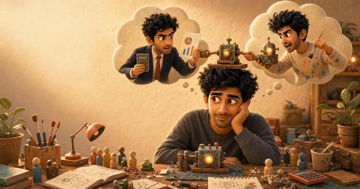 A Karan-like founder sits at a workshop desk while artist and businessman versions of himself argue in thought bubbles over a tiny product machine.