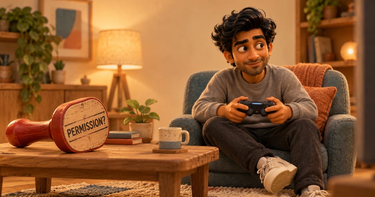 Karan playing with a controller while an oversized permission stamp lies unused on a table.