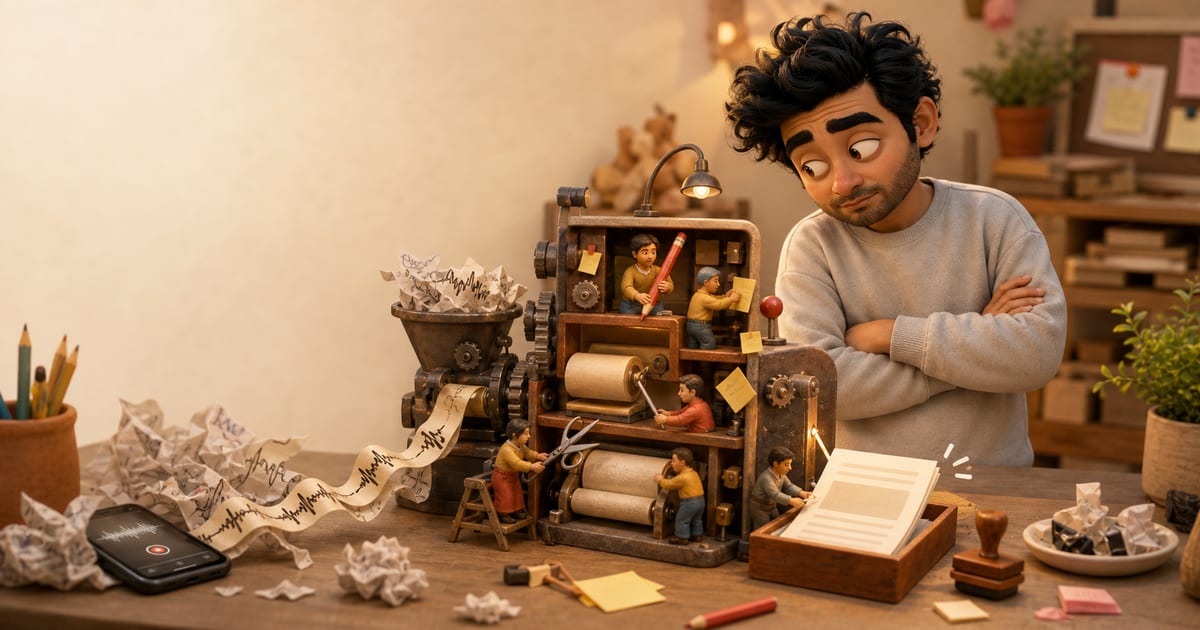 A sheepish man watches a tiny editorial machine turn messy voice memo notes into a polished paper article.