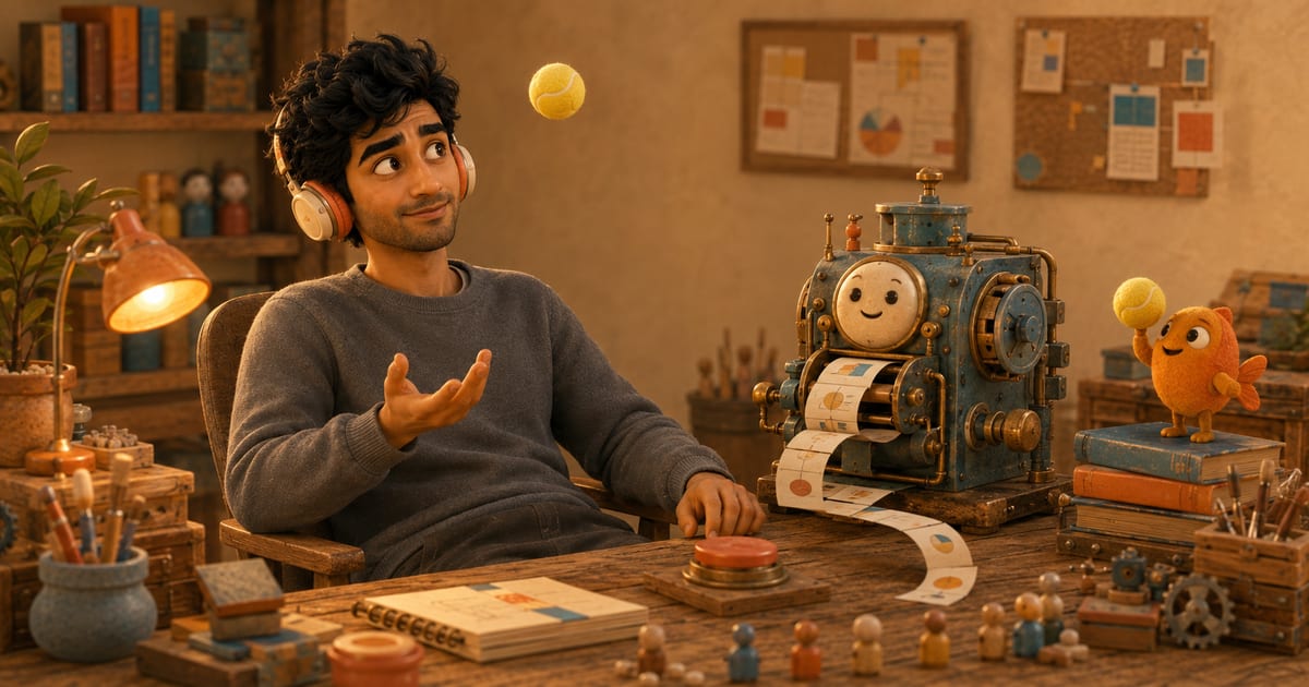 A warm 3D miniature home office where a man in headphones leans back tossing a tennis ball while a small friendly machine churns out pages beside a big coral button, and an orange felt fish holds up the next ball.