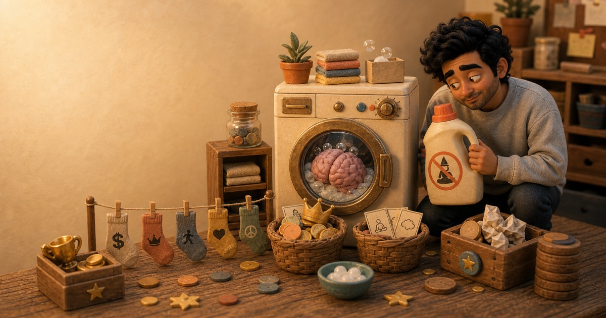 A warm miniature laundromat scene shows a brain inside a washing machine while a sheepish man holds a detergent bottle nearby.