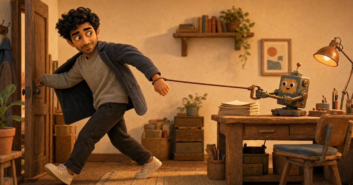 A warm 3D miniature home office where a man in a grey sweatshirt and open jacket is caught mid-stride at the door with his coat half on, pulled back by a taut lead running from his wrist to a small smiling machine on the desk that is gripping the handle.