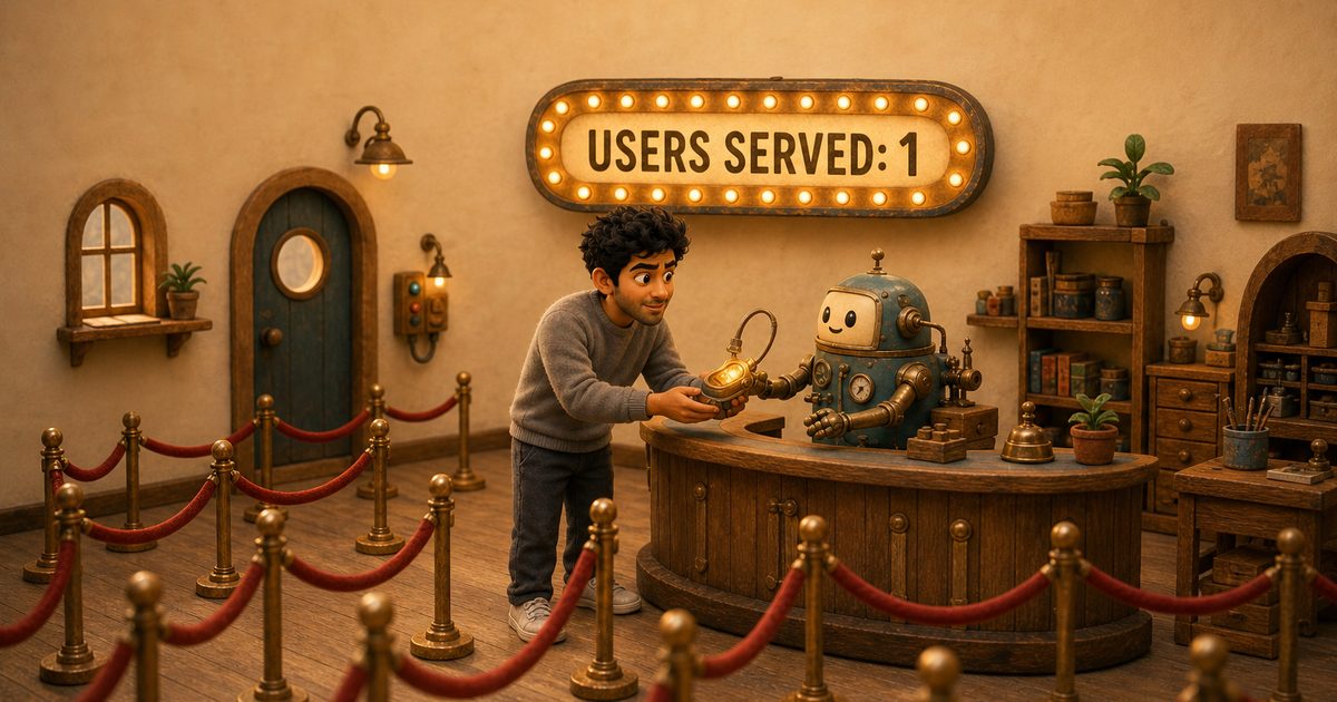 A warm 3D miniature scene: a man in a grey sweatshirt is the only customer in a tiny software shop, receiving a small glowing tool from a friendly robot shopkeeper beneath a marquee sign reading USERS SERVED: 1, with empty velvet queue ropes filling the room.