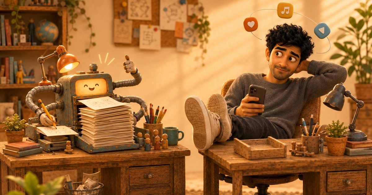 A warm 3D miniature office where a small friendly machine gives a thumbs-up while producing a tall stack of finished pages, as a man reclines at the next desk with his feet up, looking at his phone with three app icons orbiting his head.