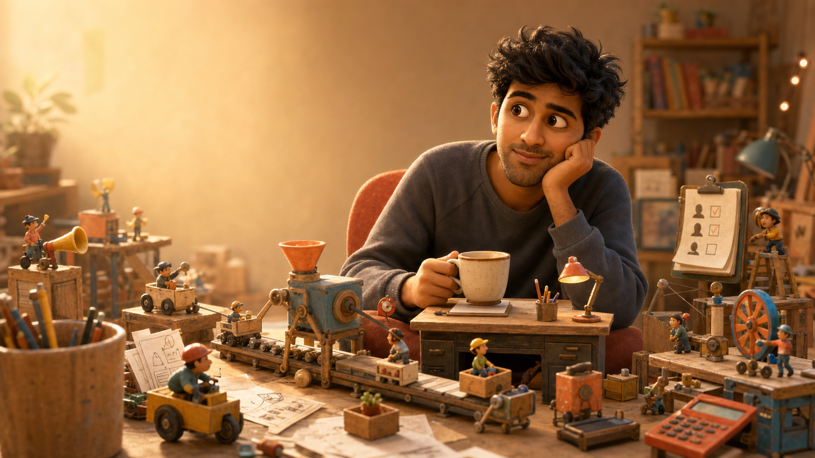 A warm illustrated workshop scene with a person surrounded by tiny playful business machines.