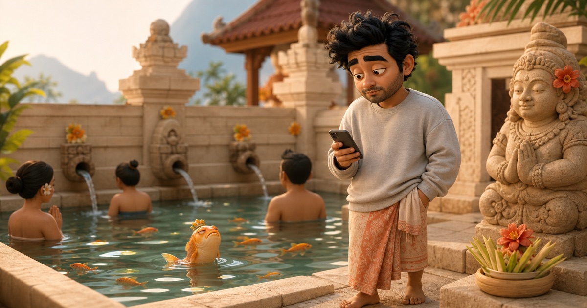 A sheepish man stands dry beside a temple purification pond while checking his phone, as orange fish swim around people in the water.