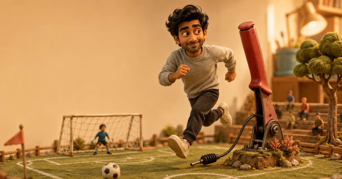 A warm 3D miniature scene: a man in a grey sweatshirt runs across a tiny handmade football pitch while an oversized red handbrake lever pops up beside him, its cable disconnected.