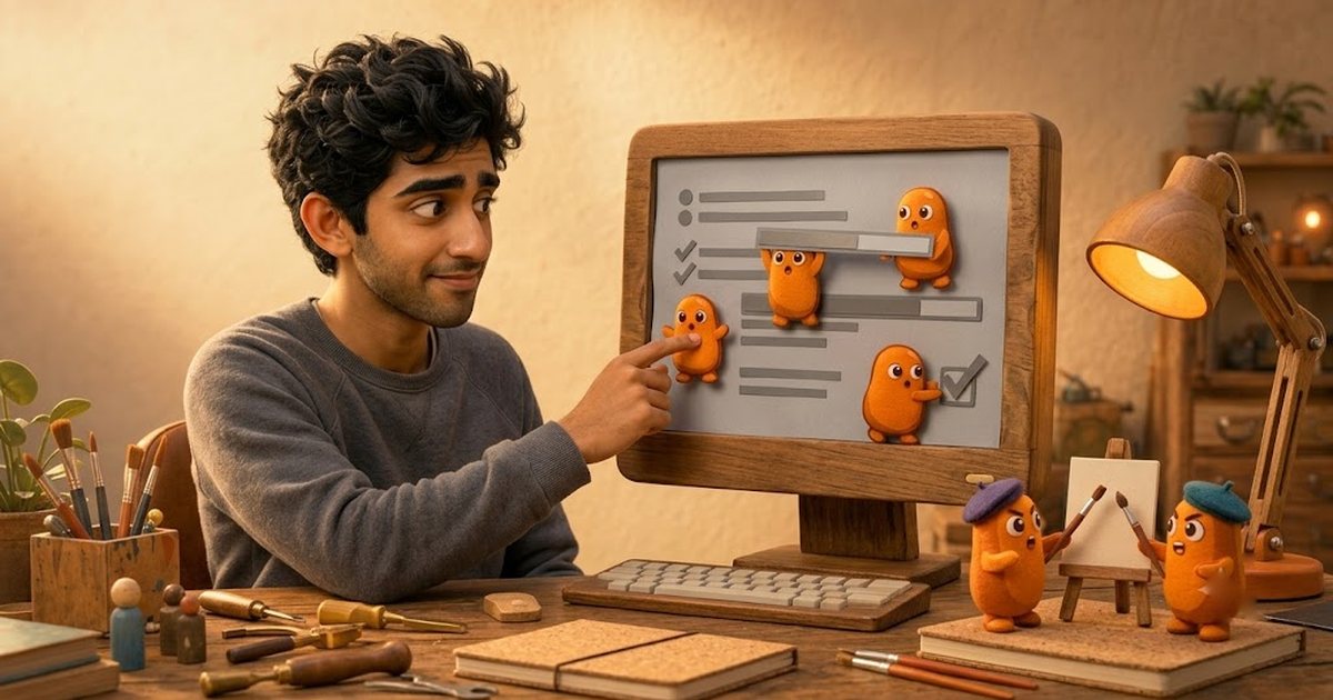 A warm 3D miniature home office where a man presses small orange creatures onto a wooden monitor's flat grey status screen, while others already at work carry a grey progress bar and two in tiny berets argue at a miniature easel.