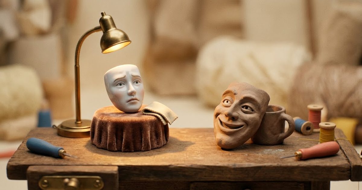 A miniature workshop bench: a polished porcelain genius mask fussed over on a velvet pedestal under a brass lamp, and a grinning clay madman mask lounging beside a mug.