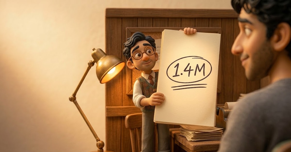 A warm 3D miniature accountant's booth where a small clay accountant in wire glasses proudly holds up a blank ledger page showing only a circled 1.4M, watched by a man in the right foreground.