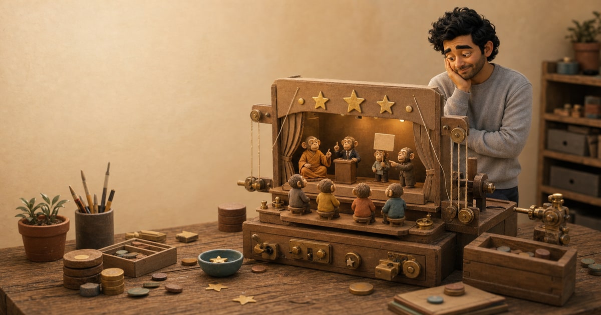 A warm miniature puppet theatre shows monkey-like authority figures on a tiny stage while a Karan-like figure watches with amusement.