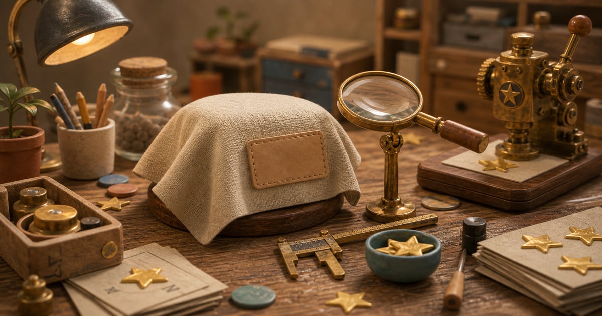 A covered object with a blank label sits beside a magnifying glass, measuring tool, gold stars, and a brass stamping machine.