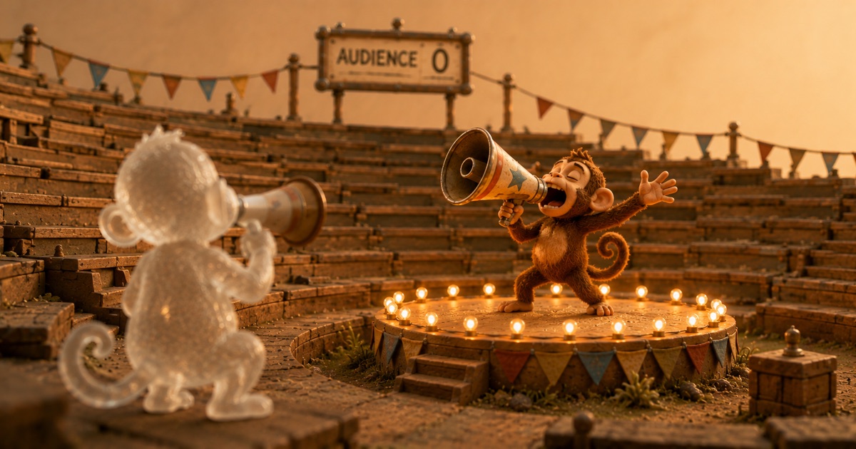 A warm miniature stadium: one clay monkey performs into a megaphone on a lit stage while a translucent ghost-monkey nearby faces away into its own megaphone. A sign reads AUDIENCE 0.