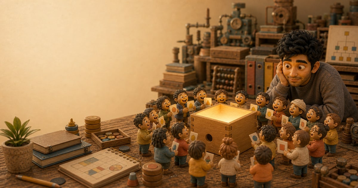 A warm miniature workbench scene with tiny users gathered around a simple glowing wooden box while overbuilt company machinery sits behind it.
