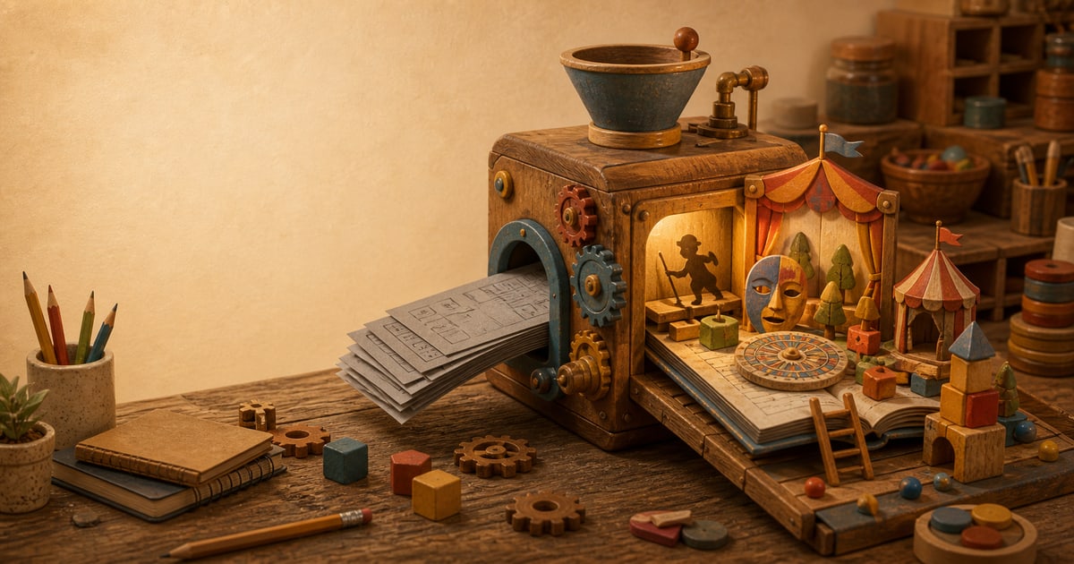 A wooden learning machine turns grey homework sheets into a colorful miniature lesson world on a warm desk.