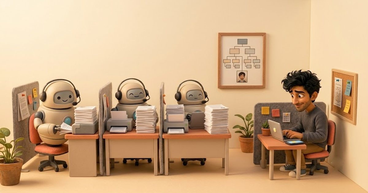 A warm 3D miniature office where three small friendly robots in headsets produce tall stacks of paperwork at proper desks, while a man types at a small desk in the corner beneath a framed org chart with his portrait in the bottom box.